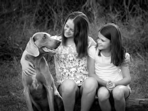 lovely sisters embrace each other and pet weimaraner