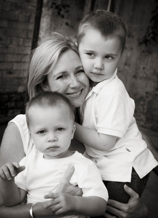 beautiful Mother and young sons wearing white family portrait powerhouse New Farm