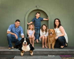 Family with three children sitting in olive green coloured archway with golden retriever and bernese mountain dog family portrait